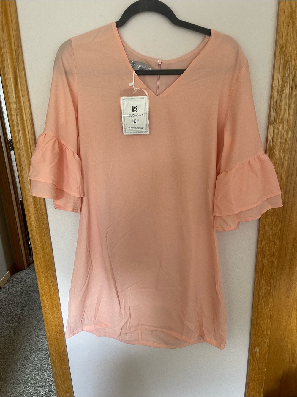 Peach Ruffle Sleeve V-Neck Dress